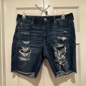 American Eagle Dark Blue Distressed Jean Shorts